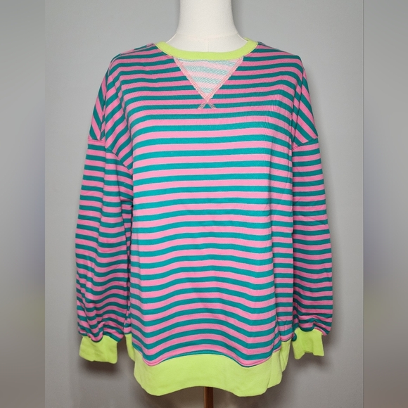 NWOT Womens Crewneck Oversized Sweatshirt Striped Color Tops Long Sleeve Size S - Picture 3 of 4